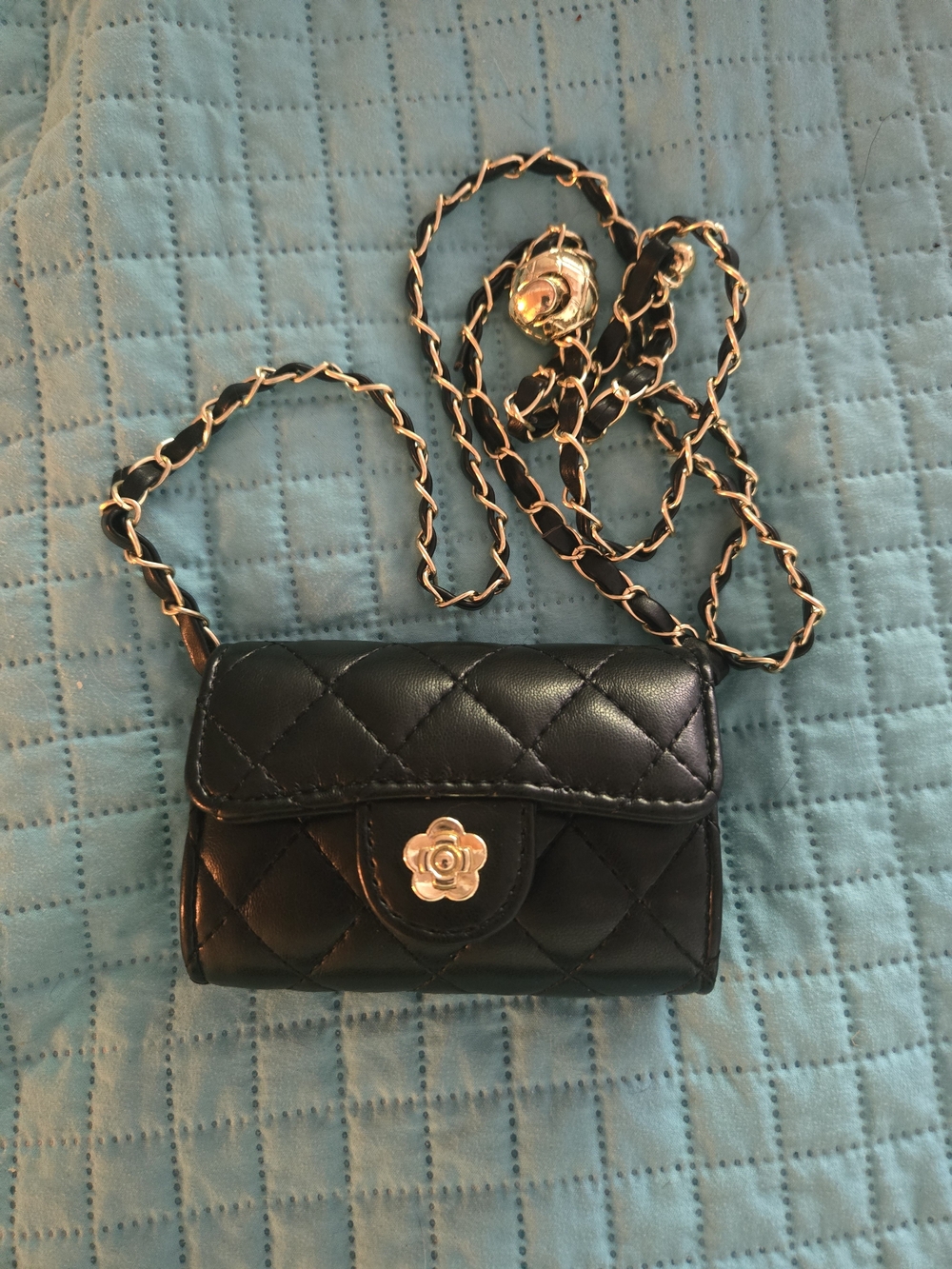CC Style Soft Quilted Black Leather Crossbody Wallet with Gold Chain